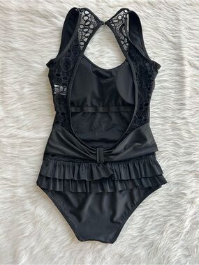 Women’s Black Ruffle One-Piece Swimsuit with Lace Details